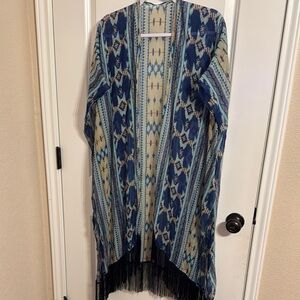 Blue and Cream Patterned Kimono with Fringe